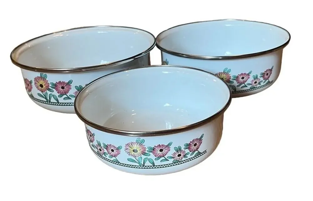 Enamel Bowls Pans Stacking Set Of 3 Flowers Made In Indonesia Vintage